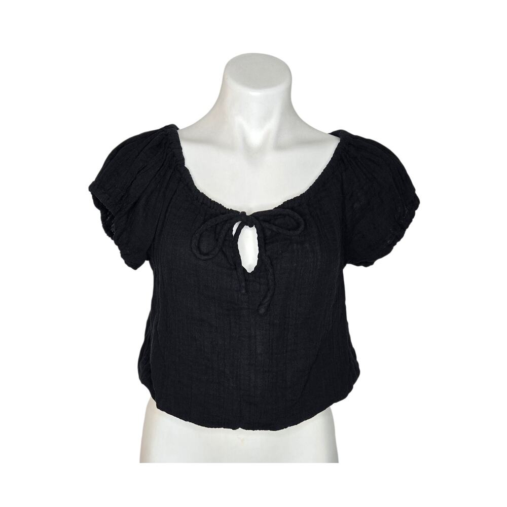 SUNDRY Short Sleeve Peasant Blouse Black Size Small